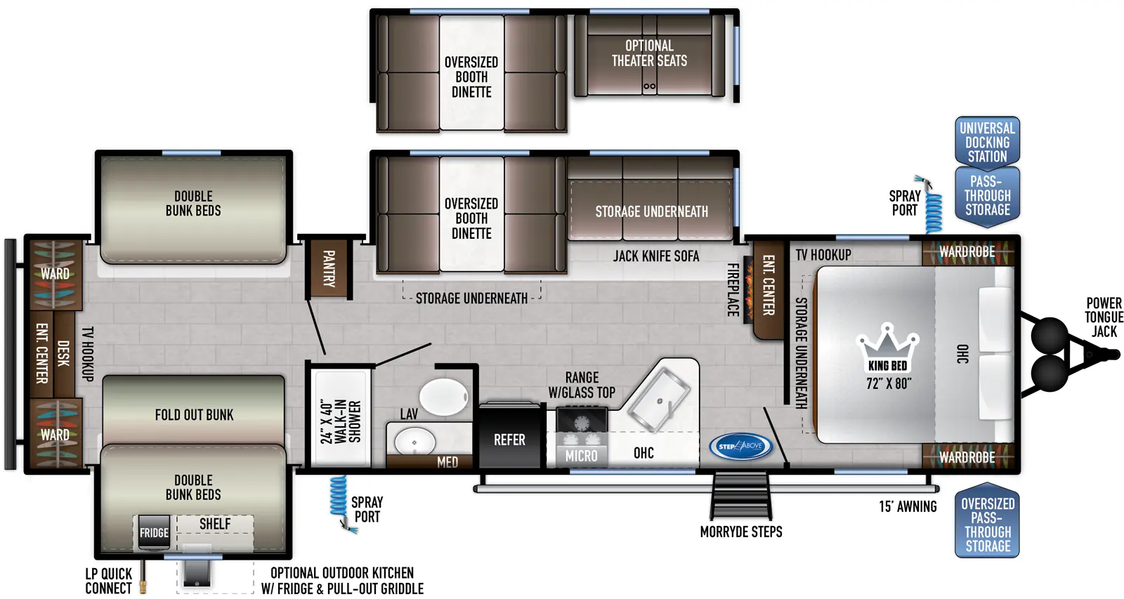 The 323QB has three slideouts and one entry. Exterior features power tongue jack, front pass-thru storage with universal docking station, spray ports on both sides, 15 foot awning, LP quick connect, MORryde StepAbove steps, and optional outdoor kitchen with refrigerator and pull-out griddle. Interior layout front to back: foot-facing king bed with storage underneath, wardrobes on each side, and off-door side TV hookup; entertainment center with fireplace along inner wall; off-door side slideout with jackknife sofa with storage underneath, and booth dinette with storage underneath, and pantry; door side entry, peninsula kitchen counter with sink, overhead cabinet, microwave, range with glass top, and refrigerator; door side full bathroom with medicine cabinet and walk-in shower; rear bunk room with off-door side double bunk bed slideout, door side slideout with double bunks over foldout bunk, and rear desk entertainment center with TV hookup and wardrobes on each side.